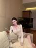Women's Slim Fit Lace Patchwork V-Neck Long Sleeve Waist-Cinching Apricot Top - Autumn/Winter
