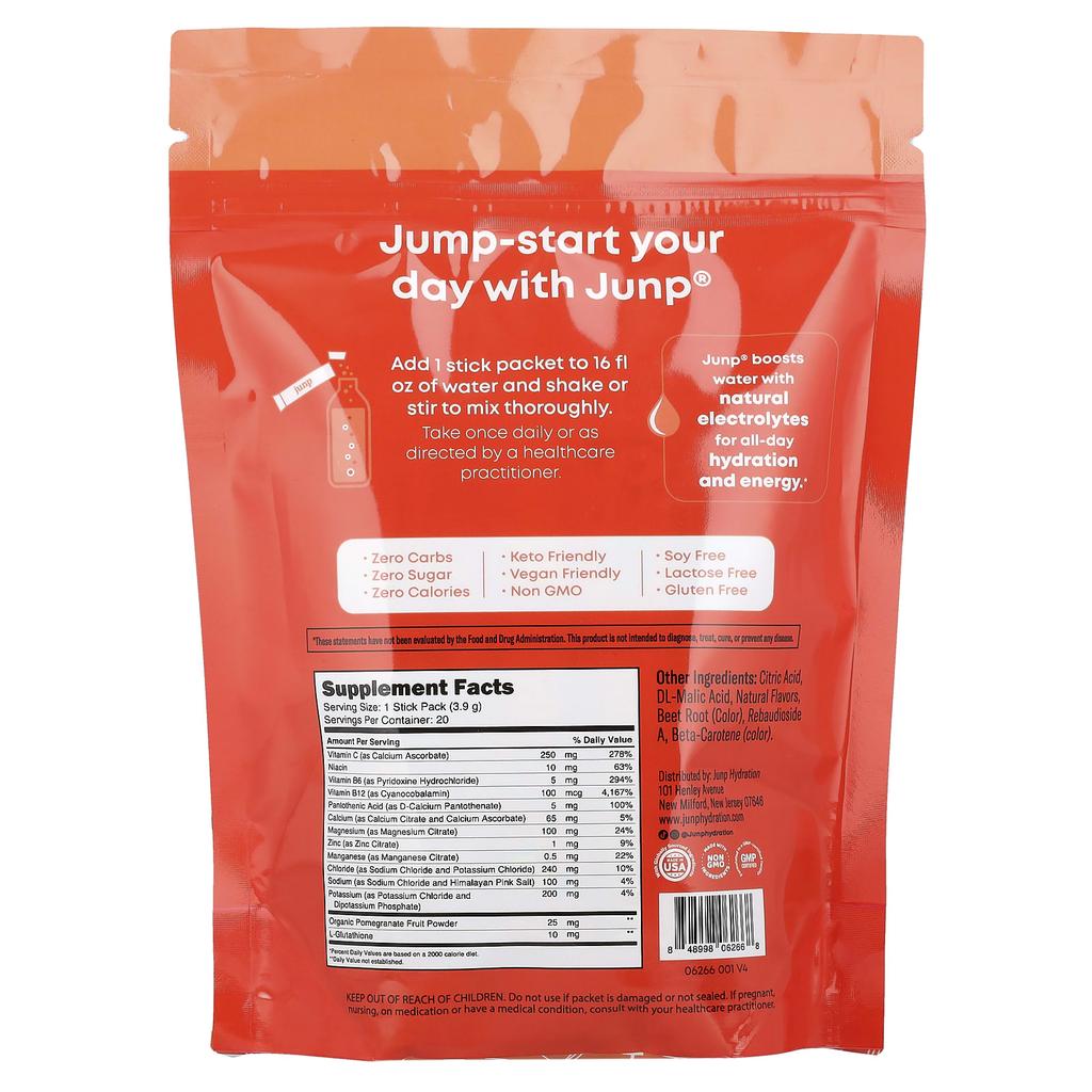 JUNP Hydration, Electrolyte Powder Mix, Peach, 20 Stick Packs, 3.9g (0.14oz) Each