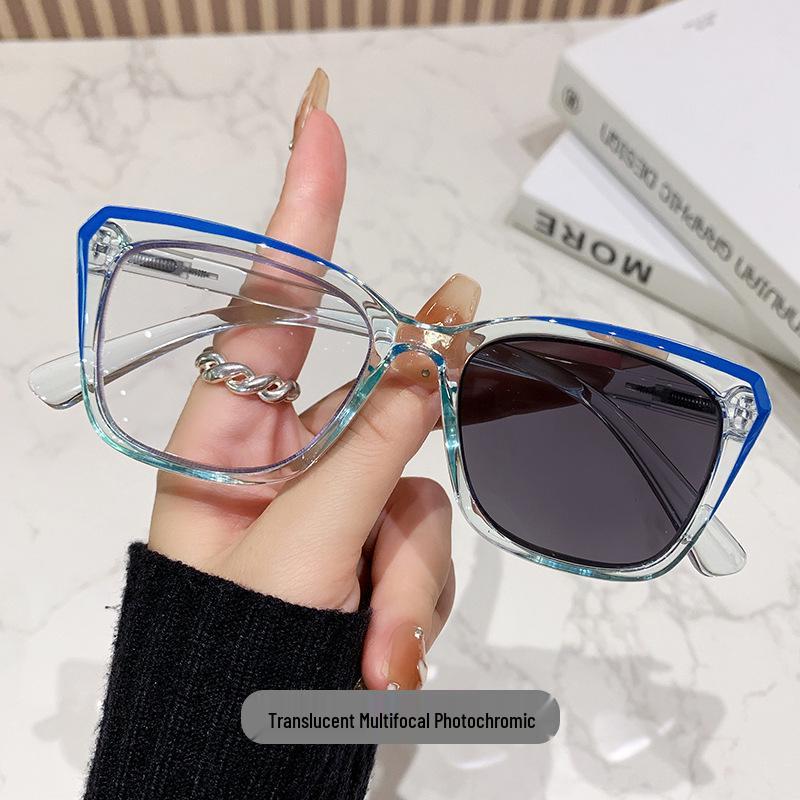 Women's Fashion Blue Light Blocking Photochromic Reading Glasses with Spring Hinges—Dual-Use for Near and Far Vision, Youthful Look
