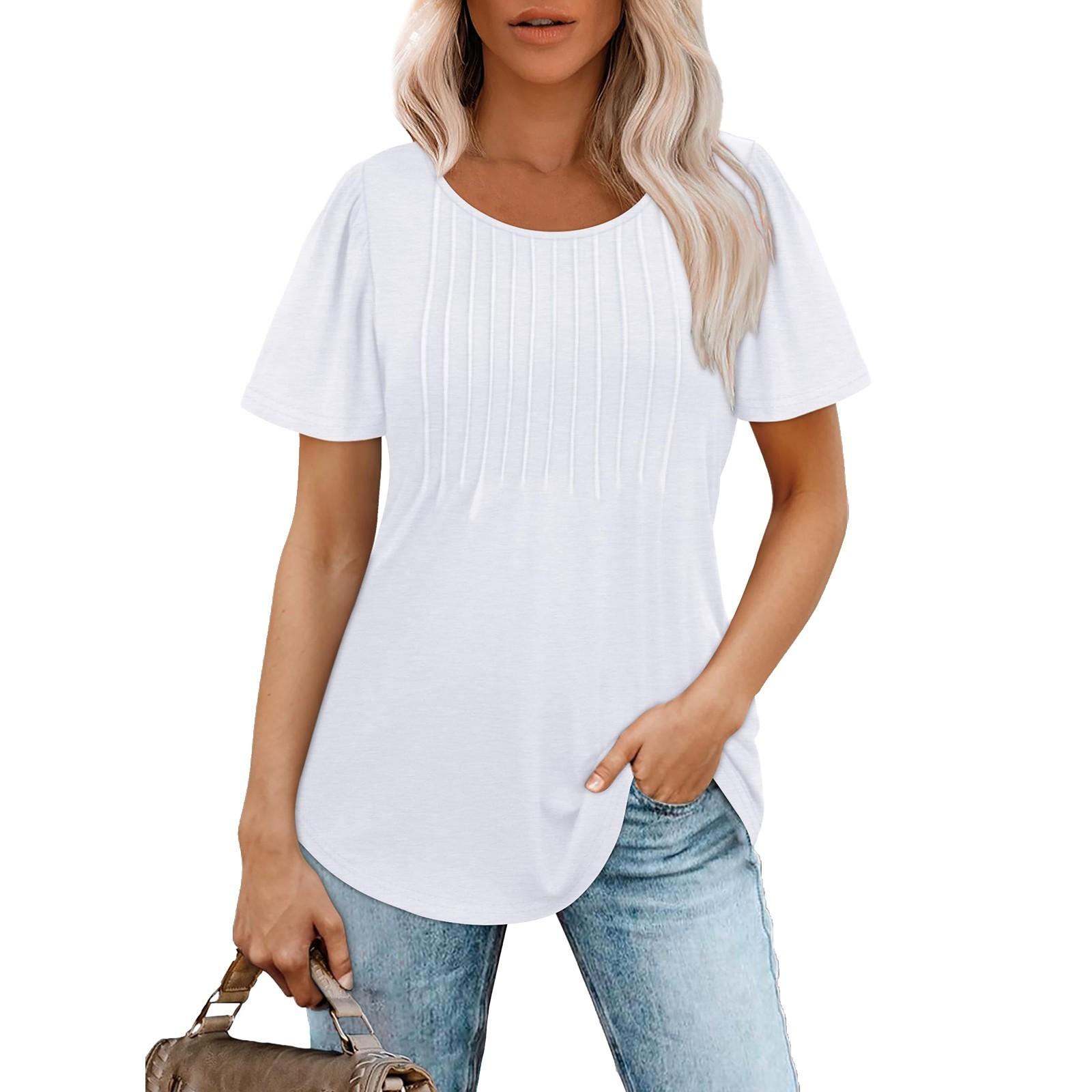 

Women Soild -Neck Cute Tee Short Sleeve Pleated Dressy Casual Scooped Neck T Shirt Tops M