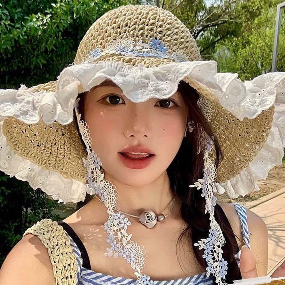 Lightweight Big Brimmed Straw Hat with Garland Woven Sun Cap Elegant Vacation Beach Cap  Summer