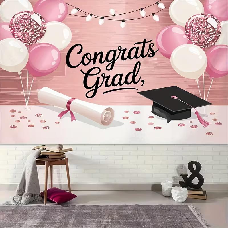 2D Flat Graduation Backdrop Pink "Congrats Grad" Themed Background Cloth