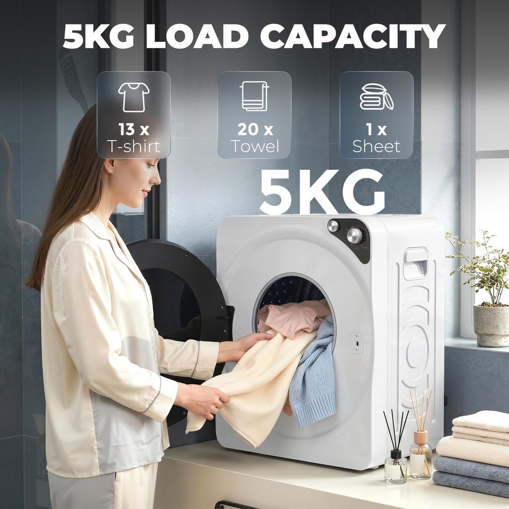 5kg Vented Tumble Dryer, 1000W Compact Tumble Dryer with Smart Drying, Freestanding Stackable Clothes Drying Machine