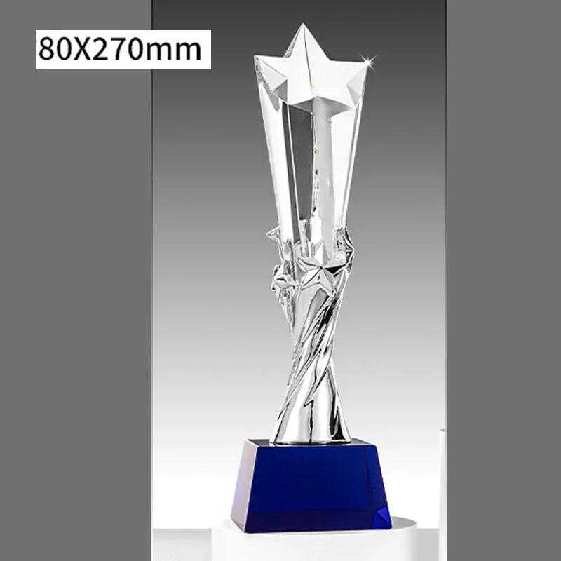 Customized Five pointed Star Pillar Crystal Trophy, Excellent Souvenir Reward Home Decoration Honor Gold Silver Copper Medal 1Pc