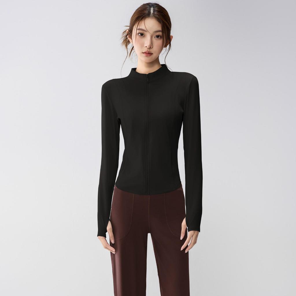 Full-Zip Yoga Suit with Pockets: Slimming Long Sleeve Top for Running & Fitness