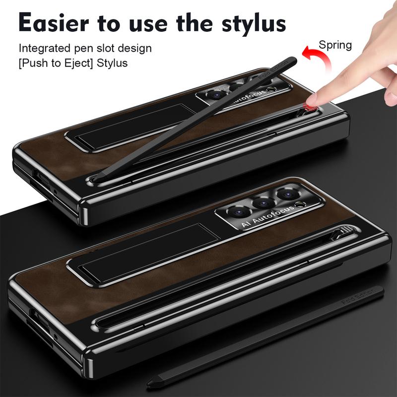 Leather Bracket Pen Slot With Stylus Case For Samsung Galaxy Z Fold7 6 5 4 Glass Screen Hinge Protection Cover For Z Fold 6 Slim