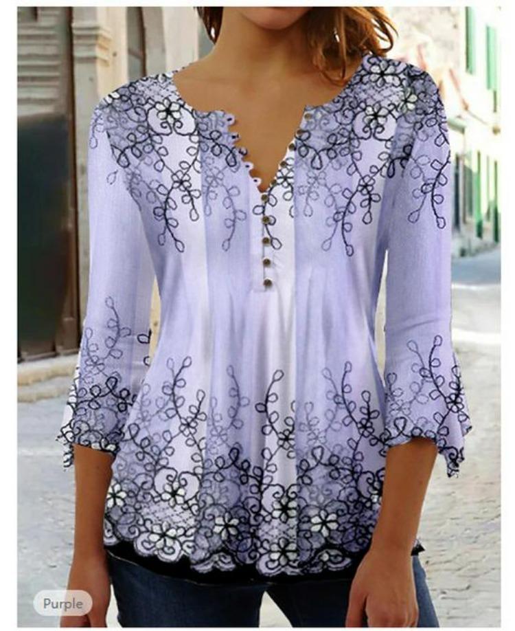 

Летняя футболка с цветочным принтом, V-образным вырезом и рукавом семь восьмых 5XL