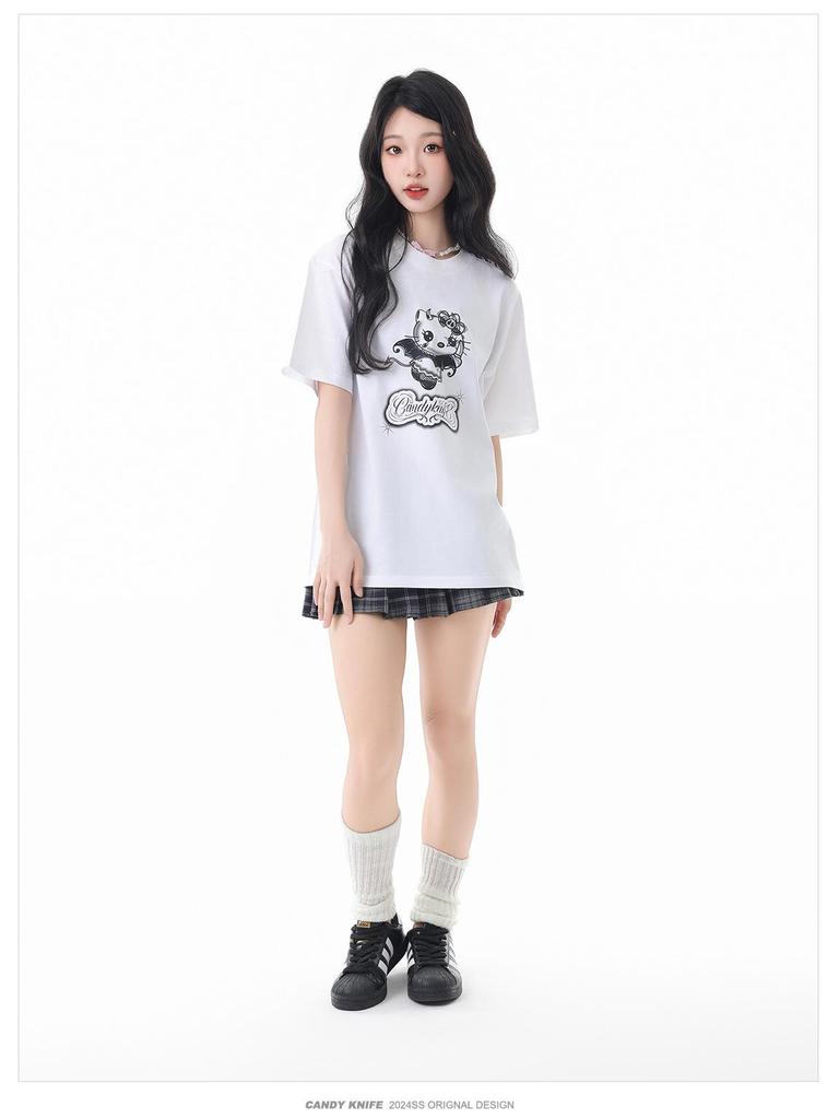 American Retro Short Sleeve Kitten Cartoon Women's Loose Top