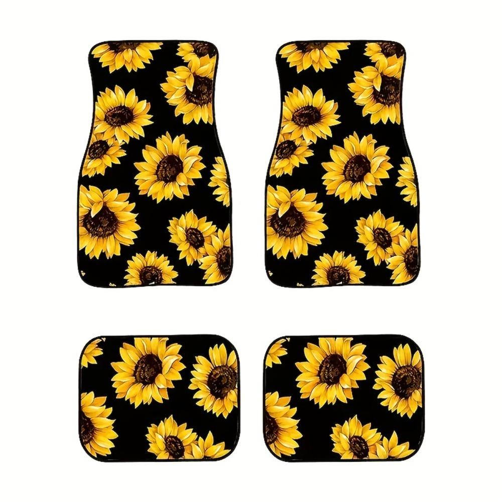 2D плоская печать | 4 шт. Автомобильные коврики с рисунком подсолнуха, Универсальные нескользящие передние и задние автомобильные коврики 4pcs