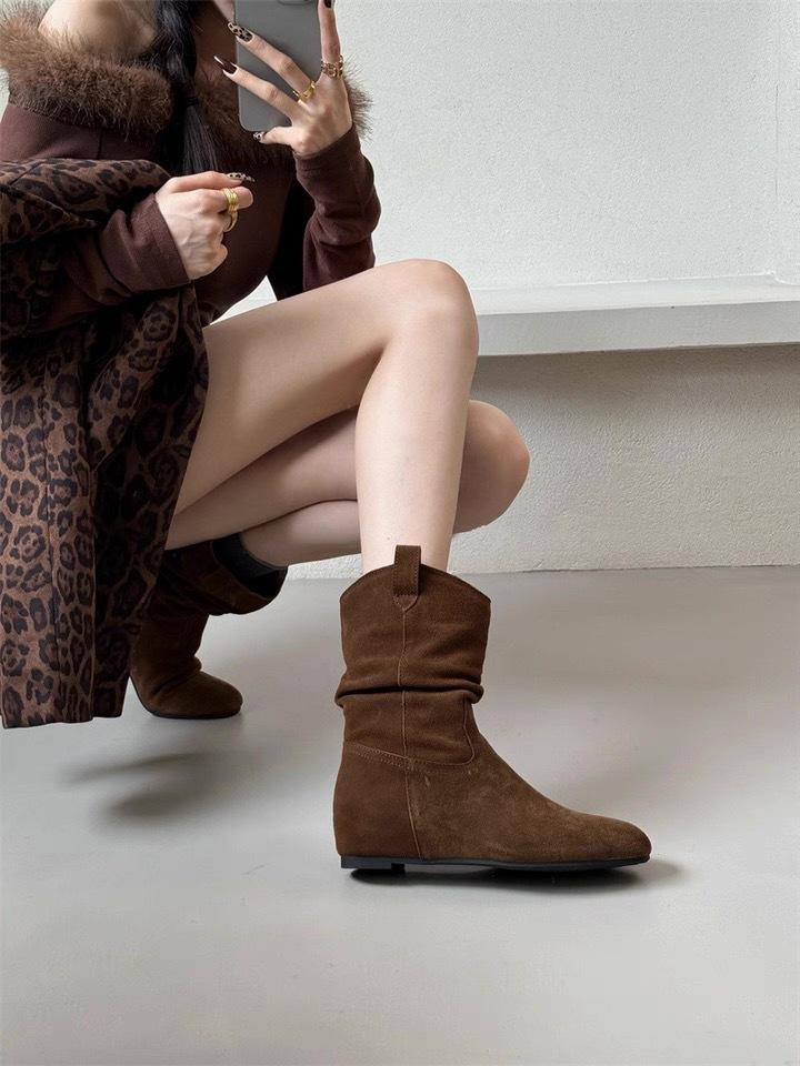Sheepskin Version~ Korean Niche Round Head Inner Heightening Stacking Boots Western Cowboy Boots Women's Autumn and Winter Short Boots Thin Boots