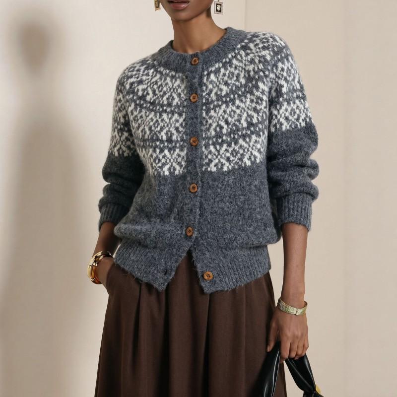 Womens Fair Isle Knit Cardigan Sweater Loose Fit Round Neck Warm Long Sleeve Outerwear
