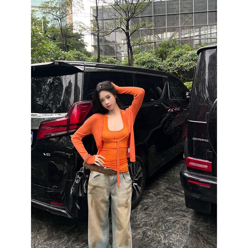 Kumikumi Fashion Suit Orange Single Breasted Halterneck Vest Women's Clothing Fall Sun Protection Knit Cardigan Two-piece Set