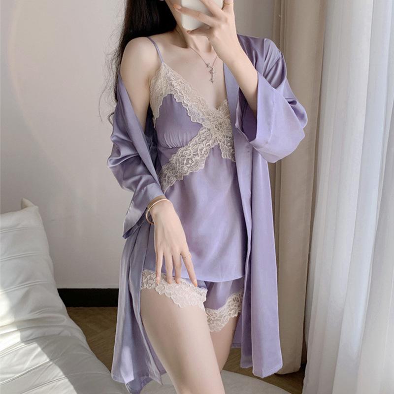 Women's Ice Silk Satin V-Neck Pajama Set - Three-Piece with Spaghetti Straps, Shorts, Robe, and Breast Pads