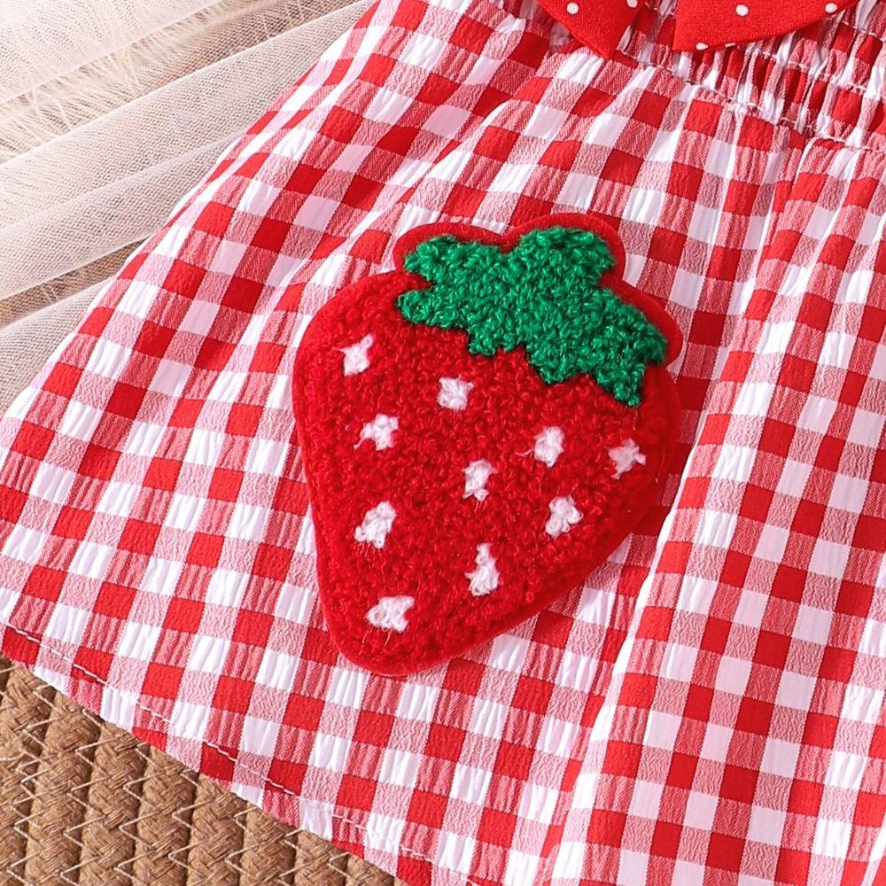 2pcs/set Strawberry Embroidered Toddler Baby Girl Outfit Plaid Bows Toddler Clothes Set  6M-3Y