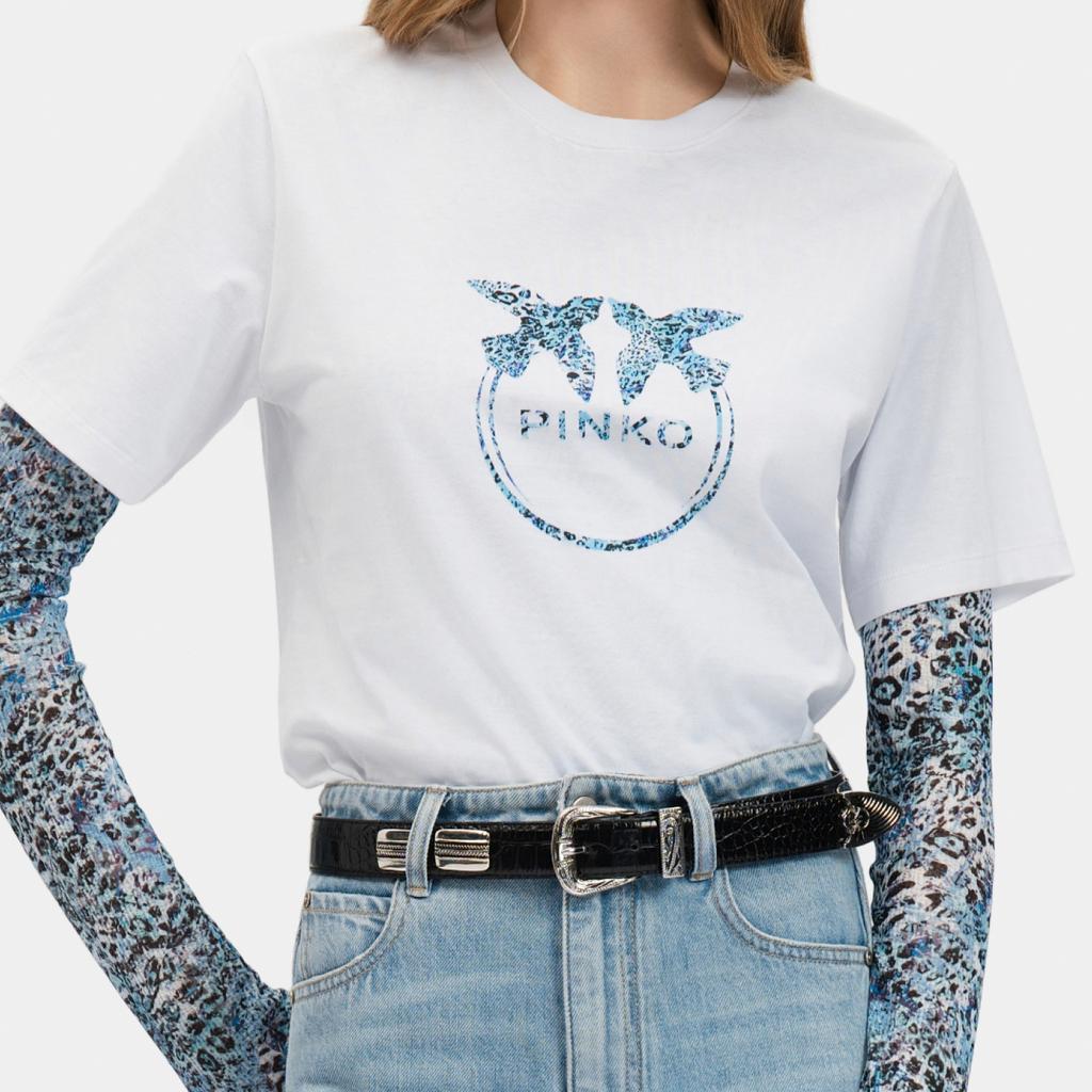 Pinko Classic White Short Sleeve T-Shirt With Blue Bird Print Women Tops PAF261218191