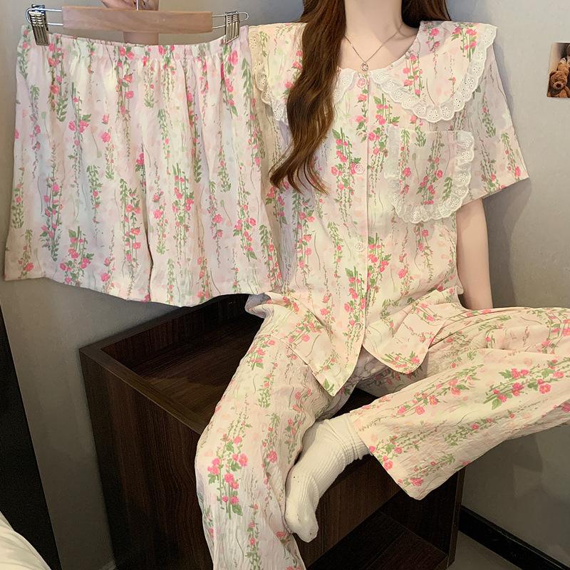 Pastoral Floral Summer Pajamas Women'S Lace Doll Collar Cloud Cotton Loungewear Short-Sleeved Three-Piece Set