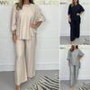 Ensemble Pantalon et Haut Casual en Coton et Lin pour Femme, Col Rond, Manches 3/4, Couleur Unie