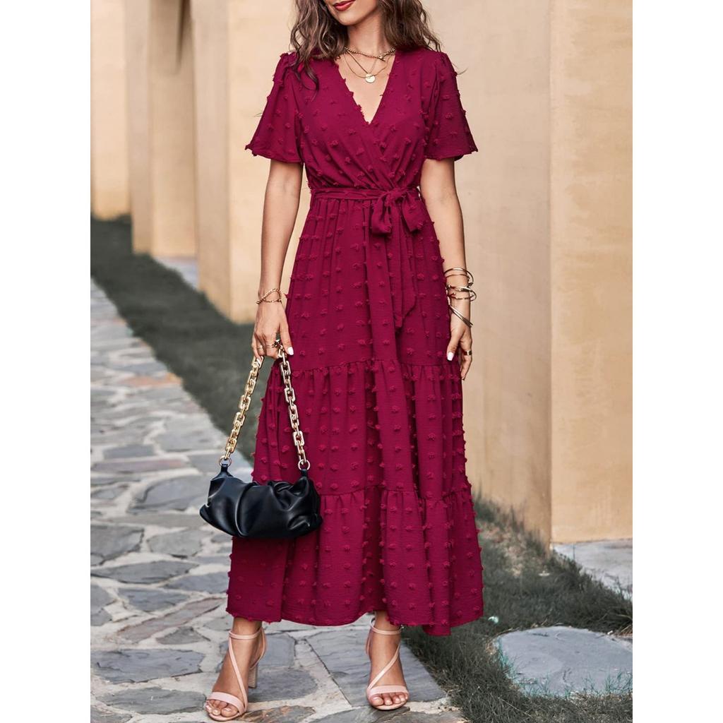 New Boho Swiss Dot Maxi Dress for Women, V Neck Flowy Short Sleeve Tie Waist A Line Long Dress