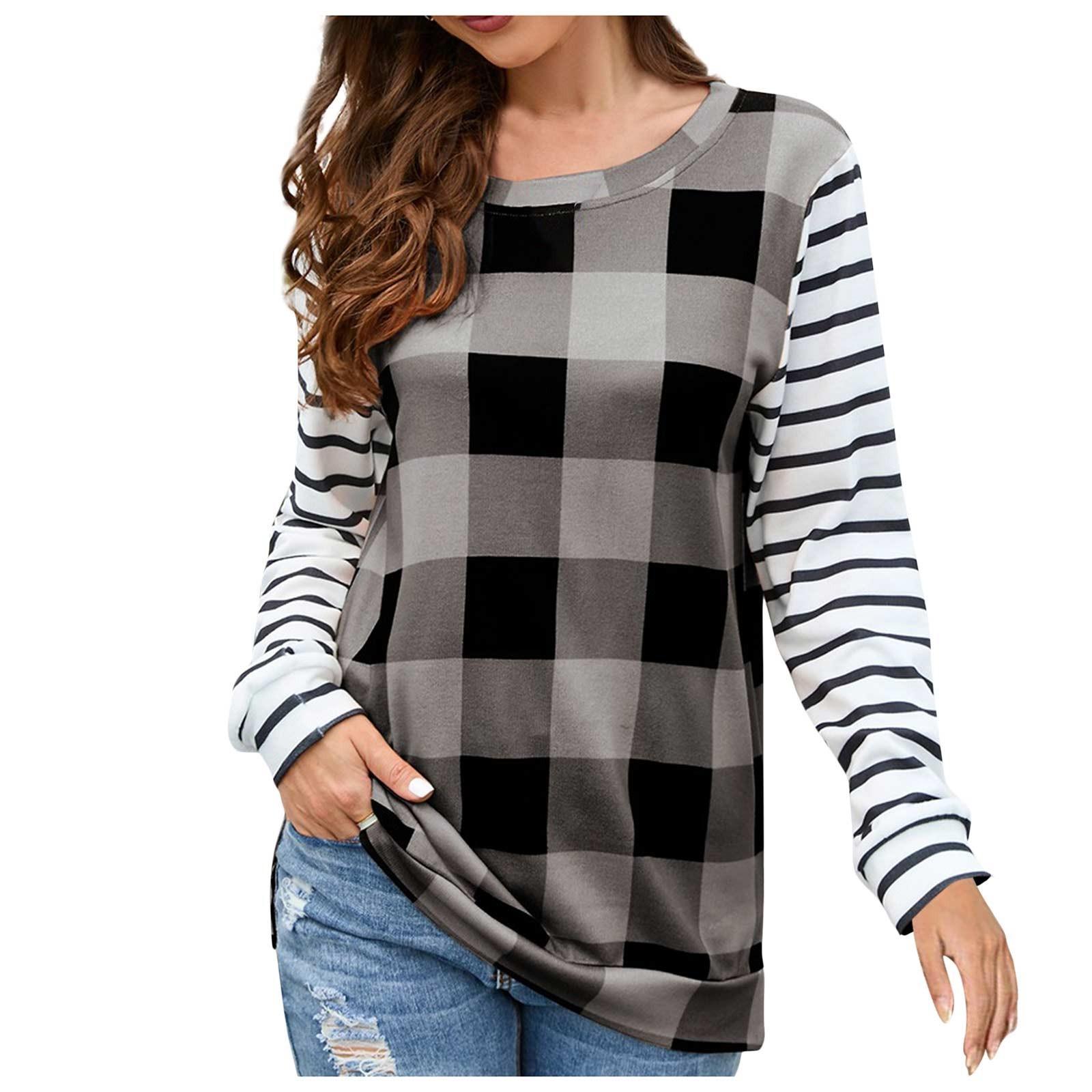 

Женская модная повседневная клетчатая плюшевая футболка с круглым вырезом и длинным рукавом XXXL