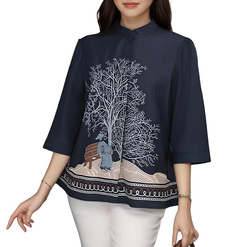 ZANZEA Women Casual Stand Collar Loose 3/4 Sleeve Print Blouse