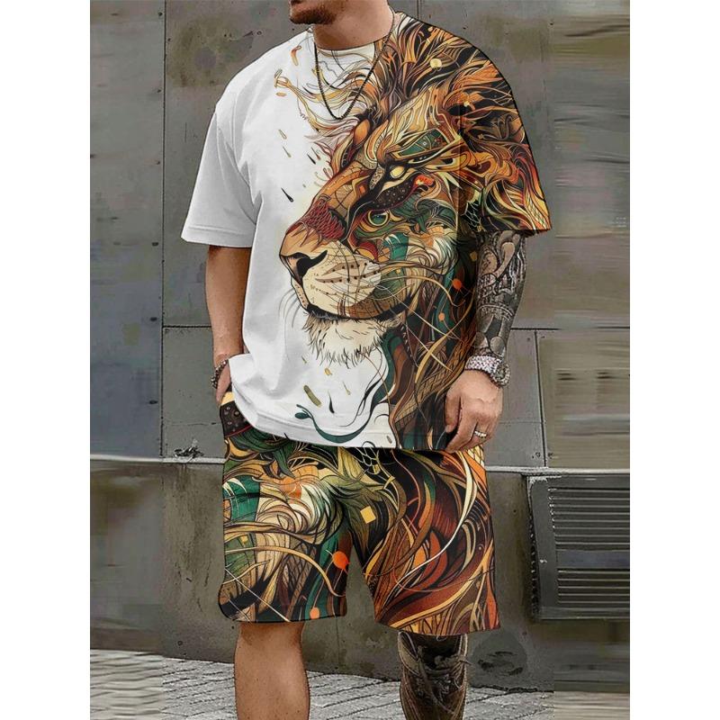 Casual Fashion Men's Short-sleeved Shorts Suit Majestic Lion Print Personalized Trend Two-piece Set Comfortable And Breathable