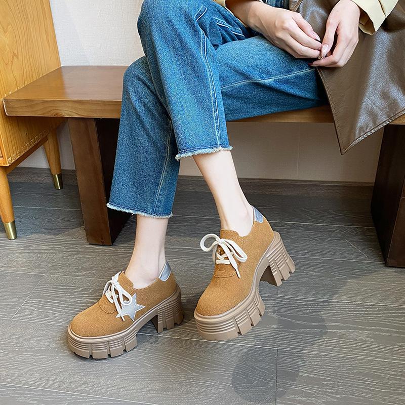 Wujiaoxing Color Matching Small Size Height Increase 12cm Women's Lace-up Retro Small Muffin Platform Shoes
