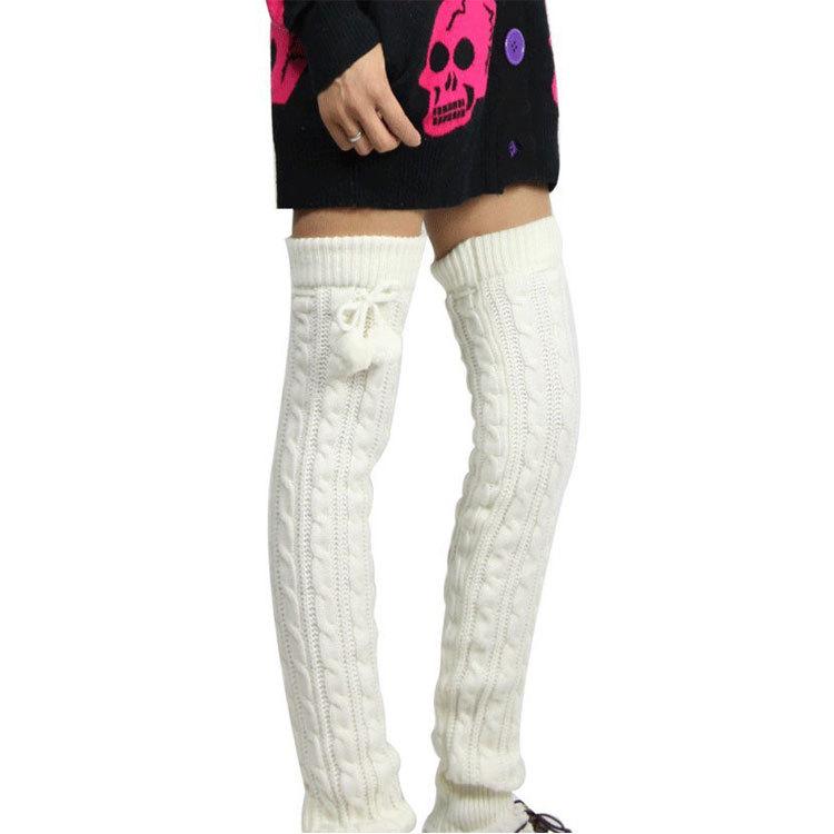 Extra Long Cable Knit Over-the-Knee Leg Warmers with Pom Pom