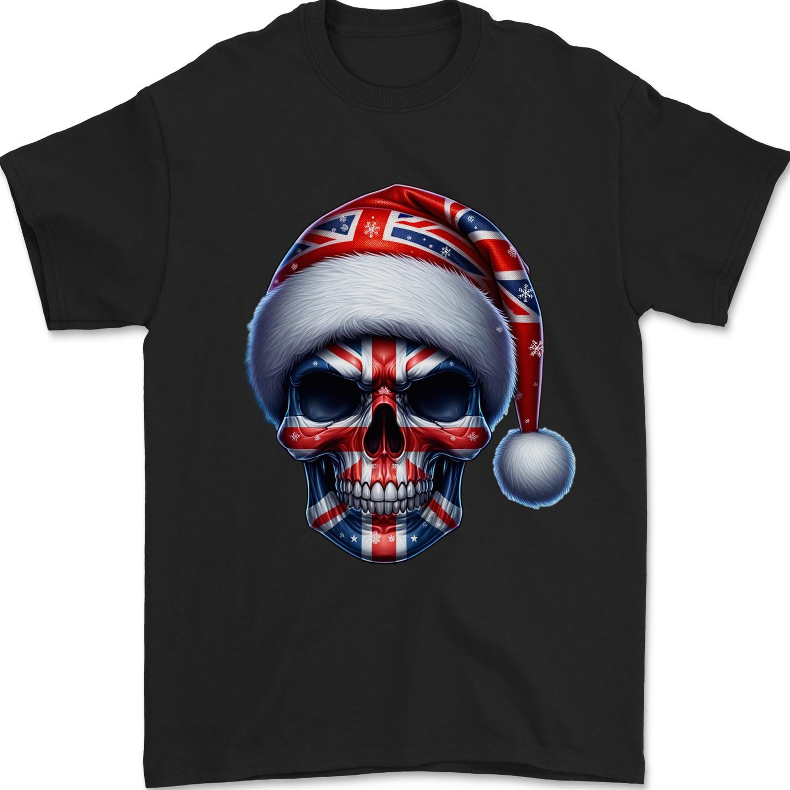 Britain Christmas Skull British UK Flag Union Jack Mens T-Shirt 100% Cotton M