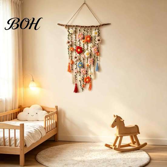 Rustic Home Decoration Bohemian Crochet Flower Hanging Tapestry, Handmade Tassels Decor with Wooden Stick, Living Room Bedroom Wall Art