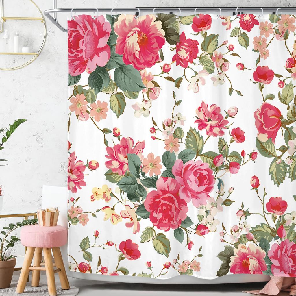 Red Rose Shower Curtain Botanical Floral Romantic Flower Valentine Girls Bathroom Curtain Decor Waterproof Fabric Include Hooks