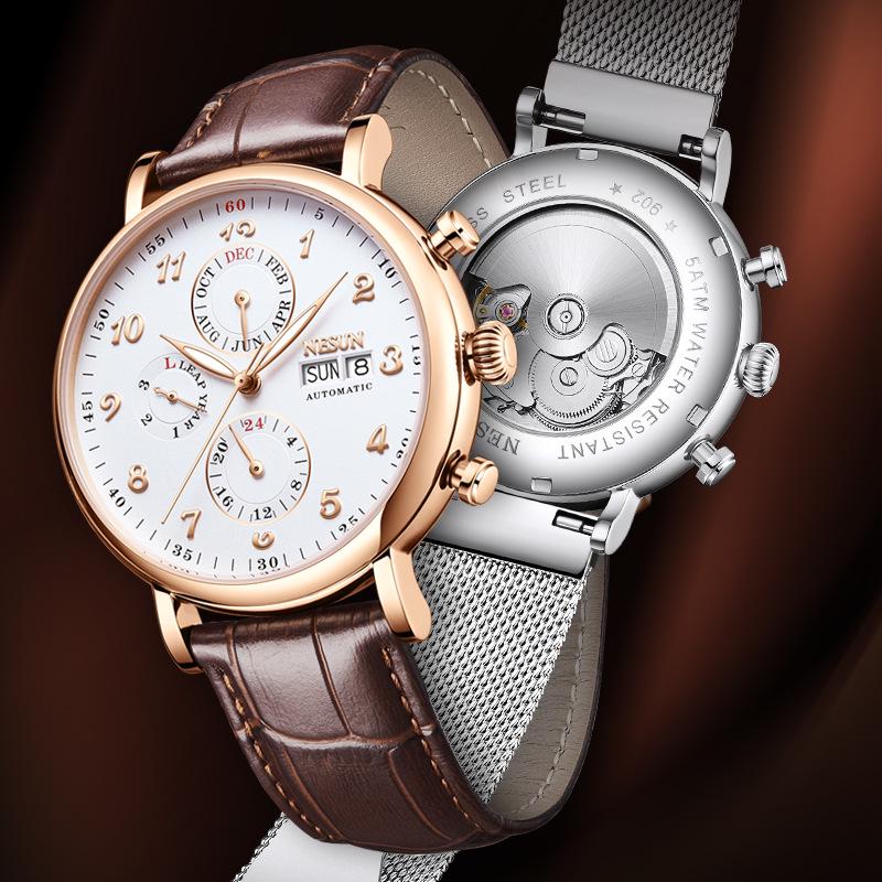 NESUN Herren Automatische Mechanische Uhr, Multifunktionale Wasserdichte Leder-Stahl Armbanduhr 9029
