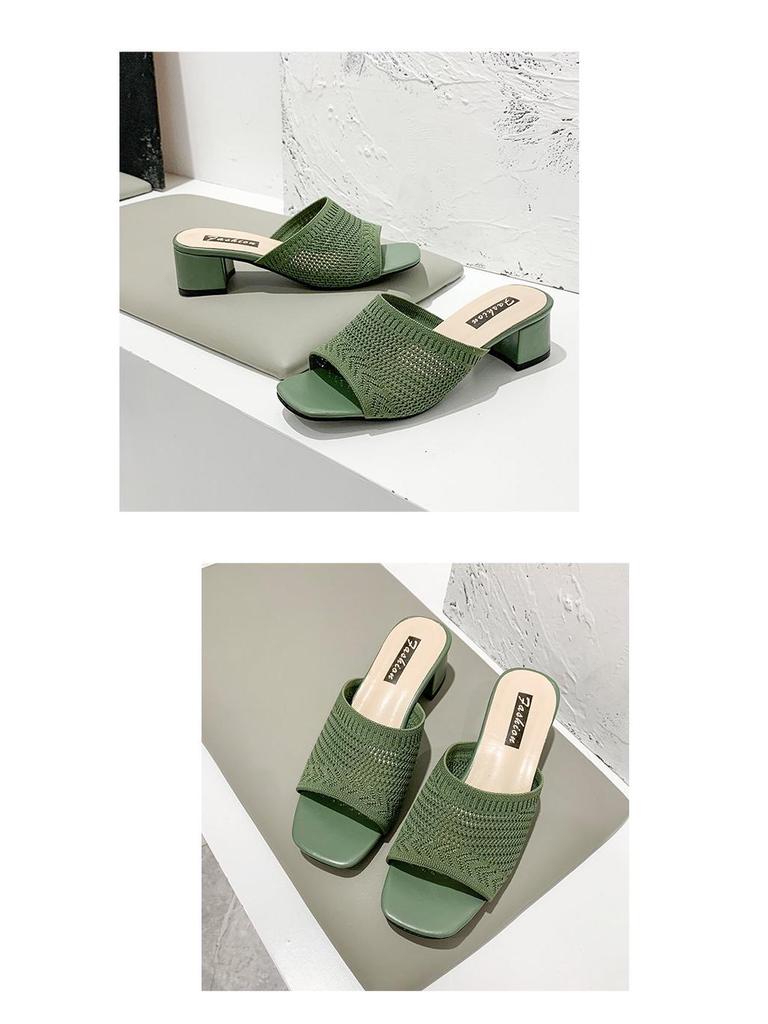 Women's Summer Fly-Knit Mid-Heel Slide Sandals in Korean Style