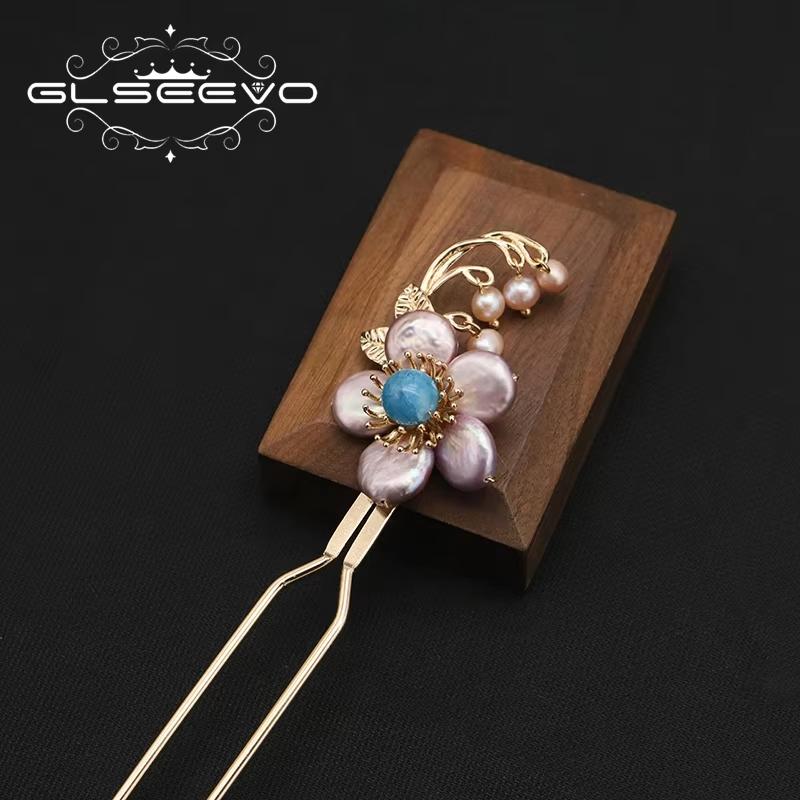 GLSEEVO Original Cloisonne Tassel Hairpin Baroque Pearl Flower Purple Hair Accessories Women S Headdress Jewelry