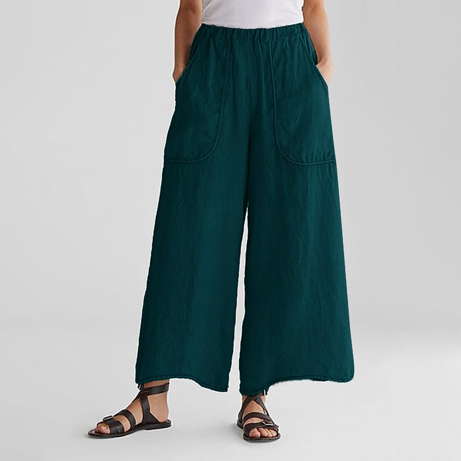 

Ladies Loose And Comfortable Pocket Elastic Waist Casual Pants Color Wide Leg Pants XXL зелений