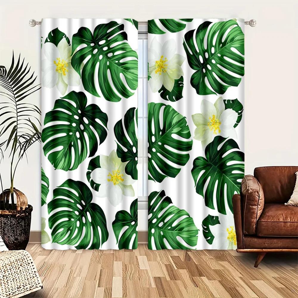 2pcs Nordic Green Plant Leaves Curtains-Light-Filtering WindowTreatment for Kitchen, Living Room, Office, and Bedroom Decor