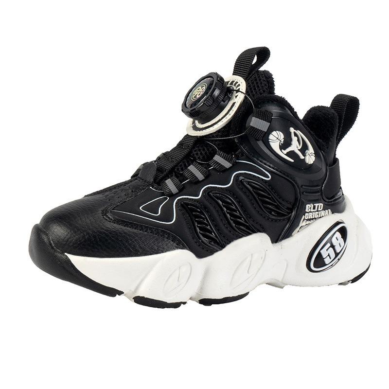 Boys' Shoes Autumn and Winter New Two Cotton Plus Fleece Warm Children's Sports Shoes Rotating Buttons Large Children's Basketball Shoes