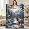 Winter Elk Cabin Landscape Coral Fleece Blanket Rustic Decor