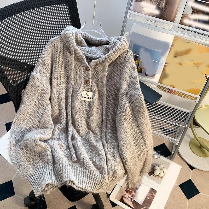 Осенне-зимний вязаный свитер с капюшоном для женщин с длинными рукавами теплый свободный пуловер на пуговицах однотонная толстовка XXXL хаки 2780₽