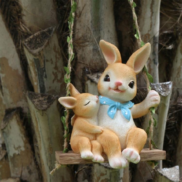 Lovely Mother And Baby Rabbit Easter Swing Ornament Durable Resin Rabbit Swing Home Decors For Year Round Display