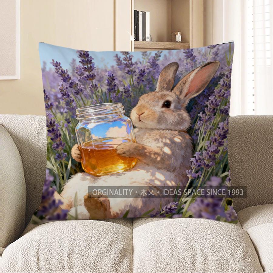 2D Rabbit With Honey Jar In Lavender Field Pillow Pattern Cushion Cover Suitable For Sofa Bedroom Car Pillow Cover