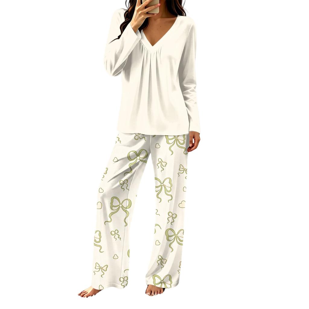 Women's Casual V-Neck Printed Pajama Set with Loose Fit Top and Pants for Sleep and