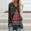 Ladies' Fashionable Casual Christmas Printed T-shirt Long Sleeved V-neck Mid Length Top