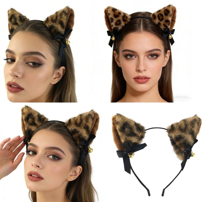 Soft Furry Leopard Print Cats Ear Headband With Attached Bells For Cosplay Halloween And Dance Parties