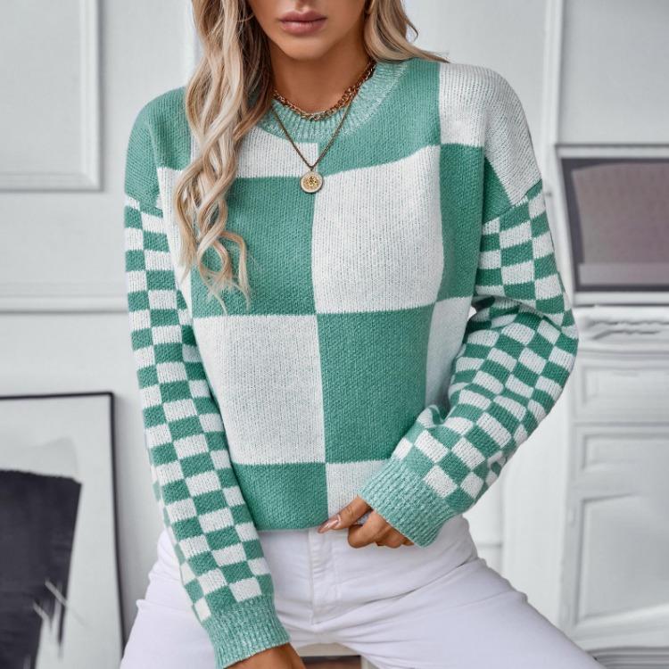 Vintage O Neck Long Sleeve Loose Knitwear Cardigan Sweater Top for Autumn Winter Grid Pattern