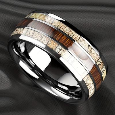 Anillos de Acero Inoxidable para Hombre Color Cobre Moda Incrustación de Madera de Koa Asta de Ciervo Domo Anillos de Compromiso Para Hombres Mujeres Joyería de Boda