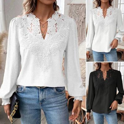 Women Short V-Neck Half Open Collar Lace Stitching Long-Sleeved Shirt Solid Color Loose Fit Pullover Tops