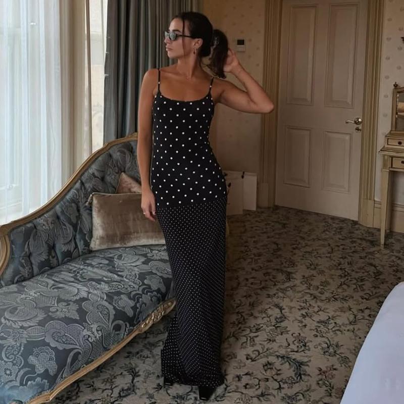 2026 Summer Polka Dot Long Dress Women Sexy Contrast Sleeveless Backless Slim High-Waist Female Bodycon Maxi Dress For Holiday