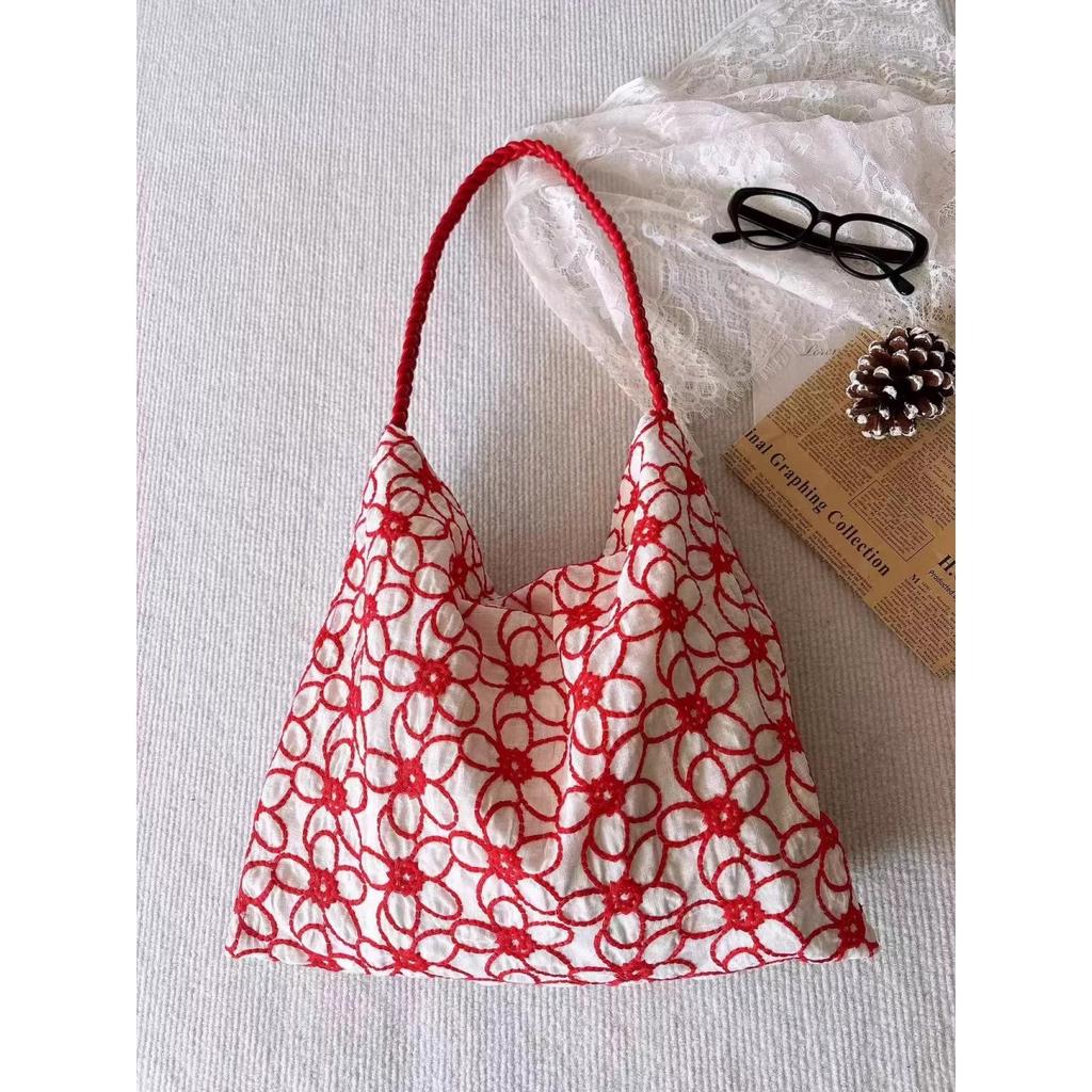 Original, Linen Embroidery, Flower Petals, One Shoulder Tote Bag, Versatile for Spring and Summer, Simple, Artistic Bag