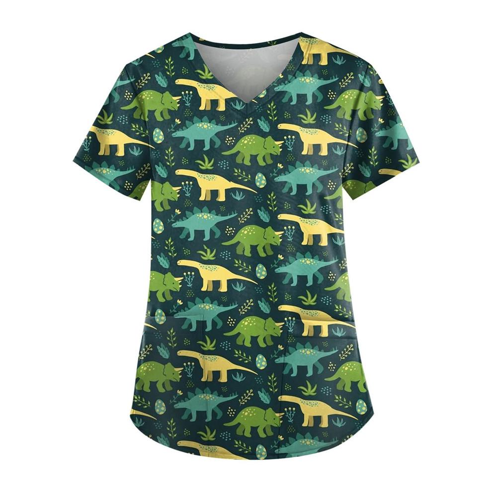 Women's Clothing Cartoon 3D Print V-neck Women's Working Clothes Tops Short Sleeve With Pockets Carers Medical Nurse Uniform