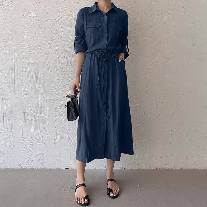 ZANZEA Damska codzienna luźna sukienka z kołnierzykiem wykładanym i rękawem 3/4